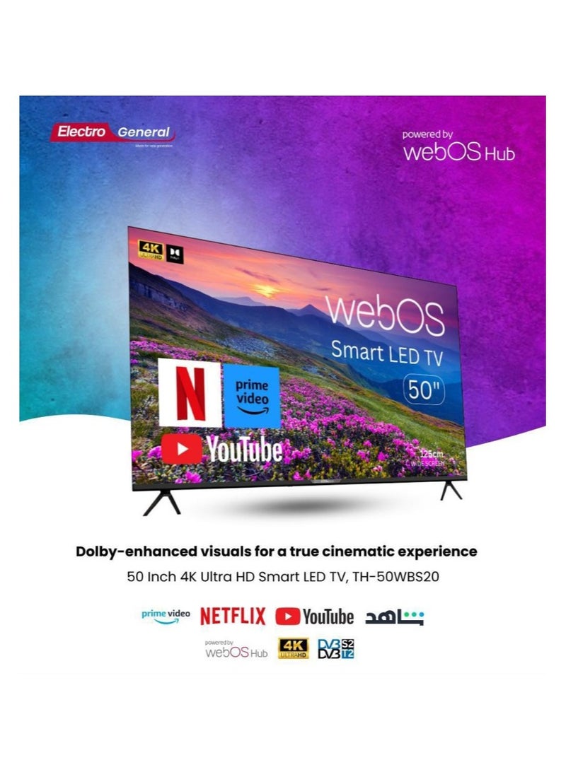 الكترو جنرال تلفزيون LED ذكى 50 بوصة UHD 4K - نظام WebOS، دقة Dolby Vision، موديل TH-50WBS20، مع منافذ HDMI وUSB، حامل طاولة وجهاز تحكم عن بعد - Image 1